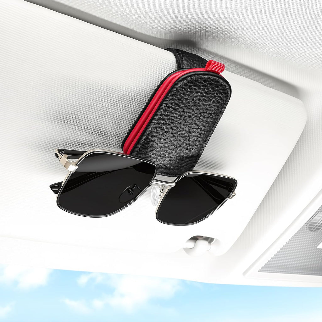 SINGARO 2PCS Sunglasses Holder for Car, Leather Magnetic Buckle Sun Visor Sunglass Clip, Ticket Card Storage Glasses Clip, Car Interior Accessories for Men and Women（Black）