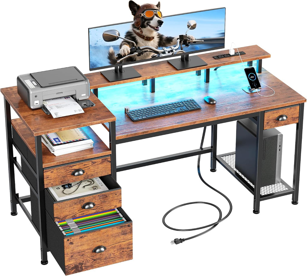 Furologee 60" Black Computer Desk with 4 Drawers and Printer Space, Gaming Desk with LED Lights and USB Power Outlets, Home Office Desk with Fabric File Cabinet,Study Work Table with Shelf for Bedroom