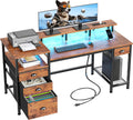 Furologee 60" Black Computer Desk with 4 Drawers and Printer Space, Gaming Desk with LED Lights and USB Power Outlets, Home Office Desk with Fabric File Cabinet,Study Work Table with Shelf for Bedroom