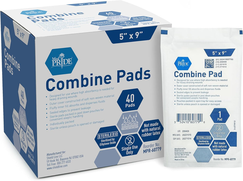 MED PRIDE Sterile ABD Combine Pads,5x9 in,Absorbent,Latex-Free,40-Count