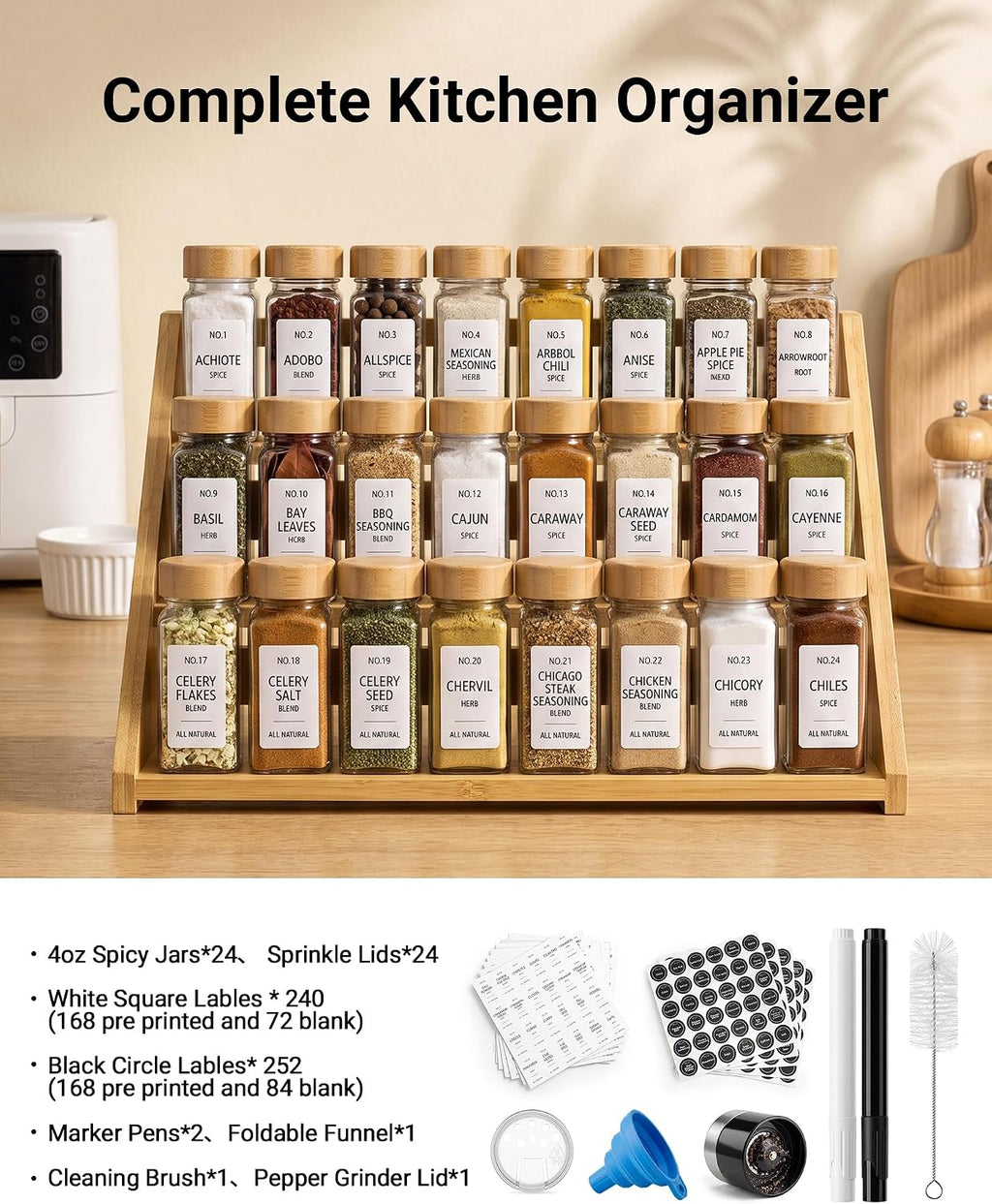 24 Pack Glass Spice Jars: 492 Lables & Pepper Grinder