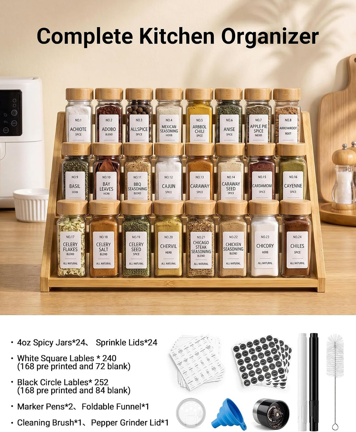 24 Pack Glass Spice Jars: 492 Lables & Pepper Grinder