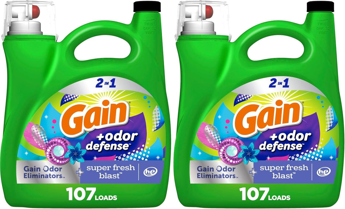 Gain + Odor Defense Liquid Laundry Detergent, Super Fresh Blast Scent, 107 Loads, HE Compatible Washing Soap (Packaging May Vary)