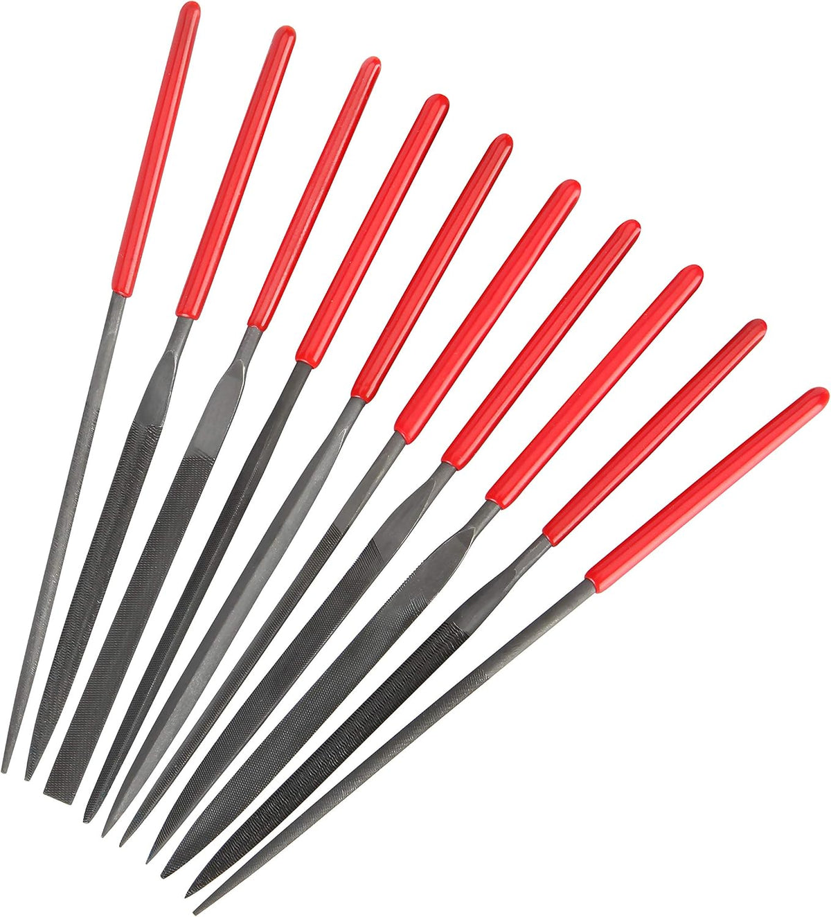 10Pcs Needle File Set- Hardened Alloy Steel, Mini Set Includes Tapered Round, Half Round, Barrette, Crossing, Knife, Warding, Square, Three Square