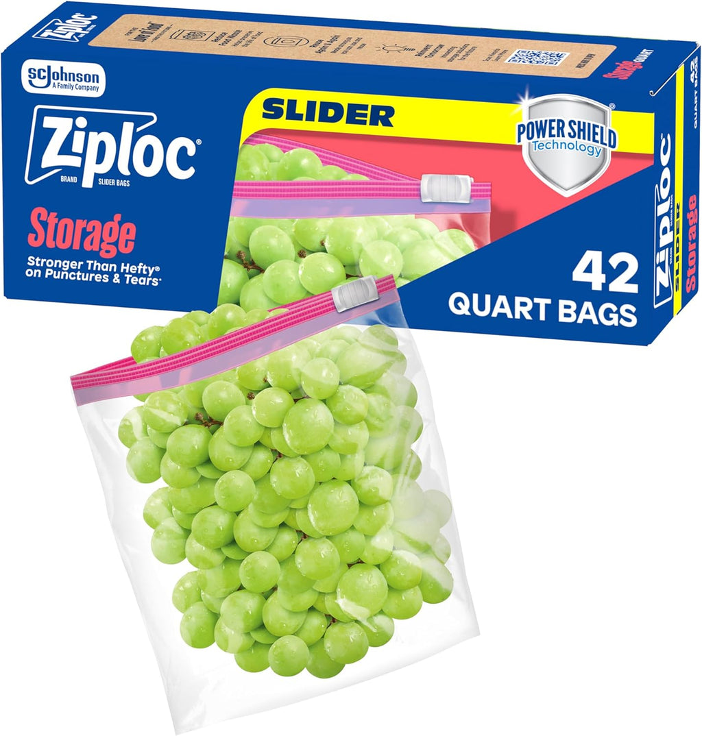 Ziploc Quart Food Storage Slider Bags, Power Shield Technology for More Durability, 42 Count