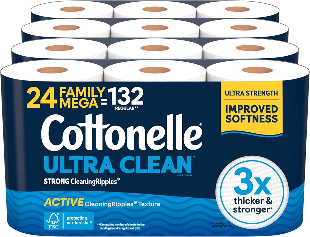 Cottonelle Ultra Clean Toilet Paper, 24 Family Mega Rolls=132 Regular Rolls