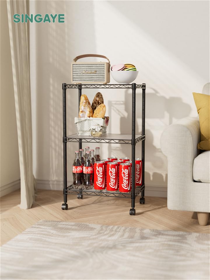 SINGAYE 3 Shelves Storage Shelf Wire Shelving Unit Metal Adjustable Wheels