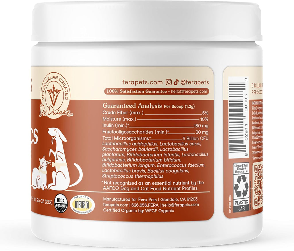 Fera Pets Organic Probiotics for Dogs & Cats with Prebiotics, 60 Scoops
