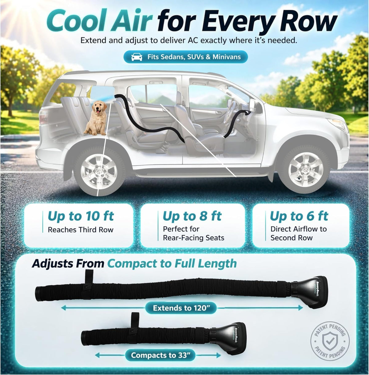 Car AC Vent Extender, Directs Air to Kids & Pets, Extends to 10 FT