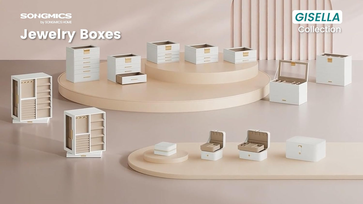 SONGMICS Jewelry Box Organizer, 3-Layer Storage with 2 Drawers, Glass Lid