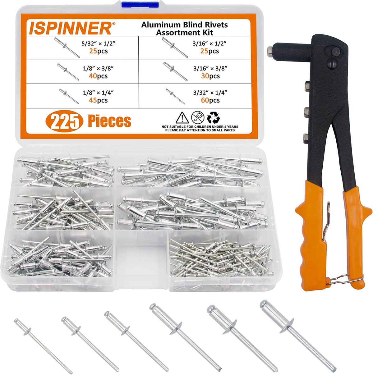 ISPINNER 225pcs Aluminum Blind Rivets Assortment Kit with Heavy Duty Hand Riveter Rivet Gun Tool, 6 Sizes Pop Rivets