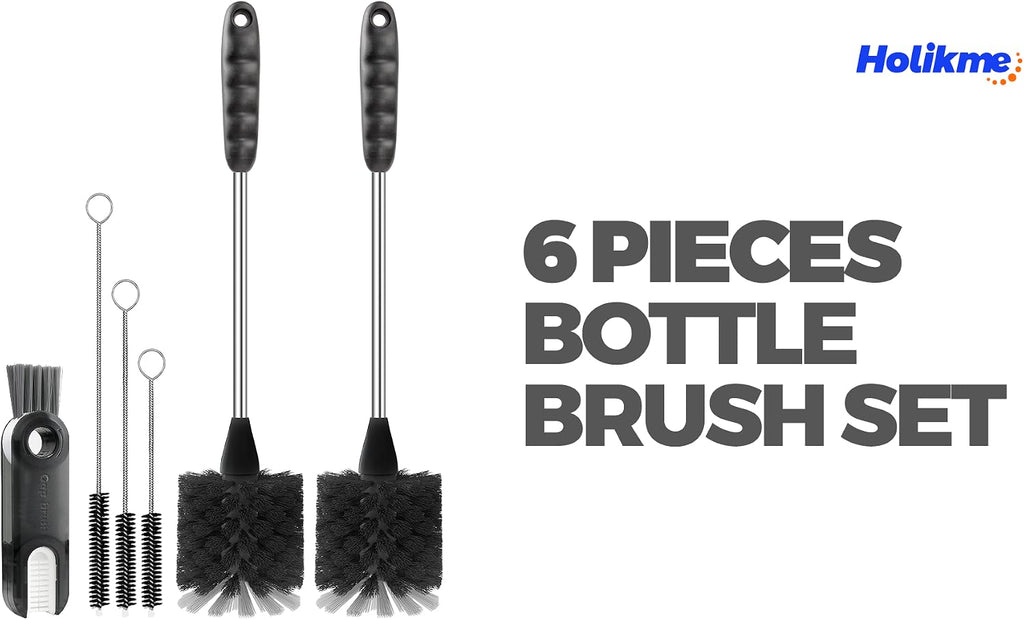 Holikme 6 Pack Bottle Brush 14" Stainless Steel Straw Cleaner Brush,Black