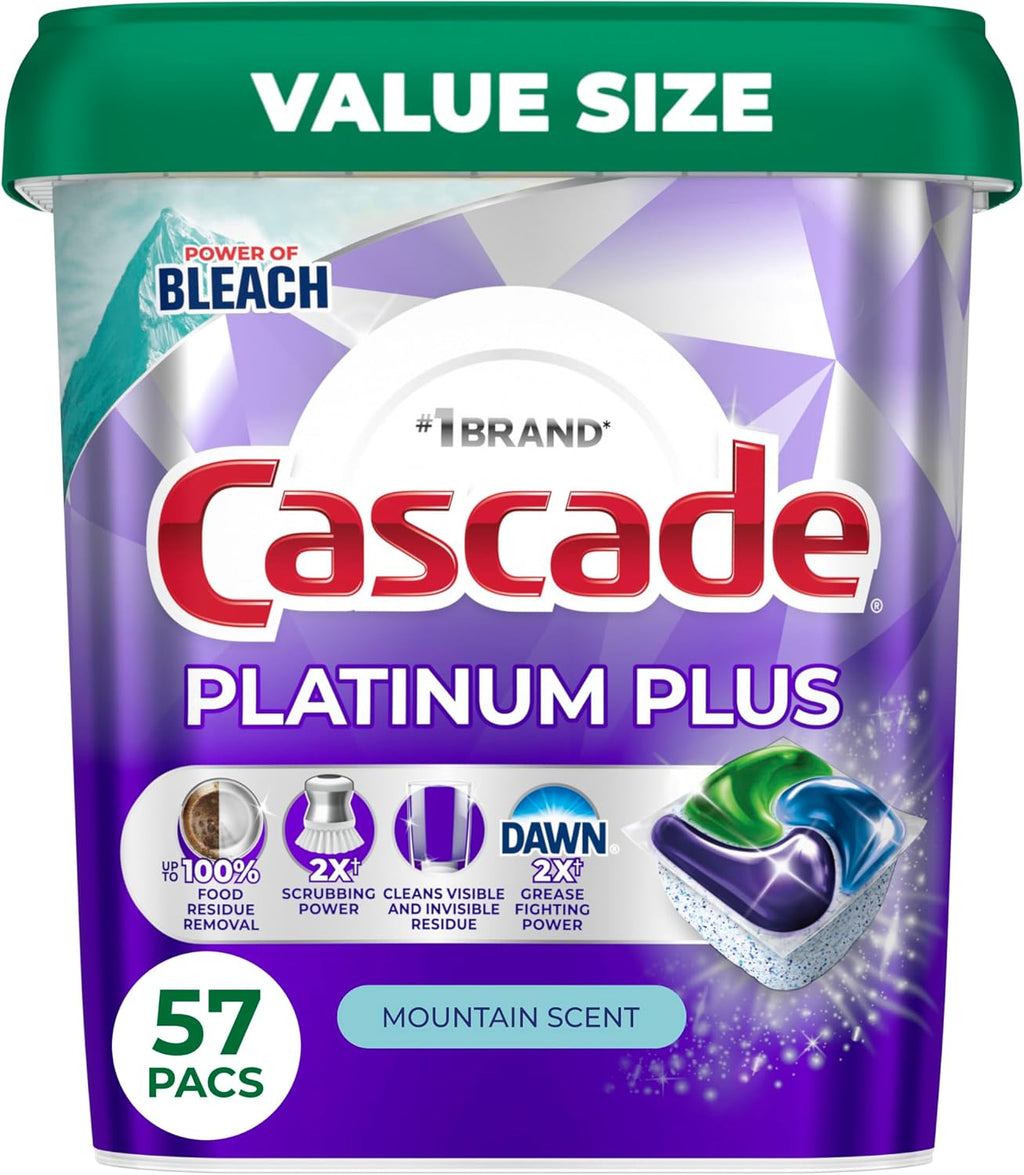 Cascade Platinum Plus Dishwasher Pods, Dishwasher Detergent, Dish Detergent Soap, Mountain, 57 Count