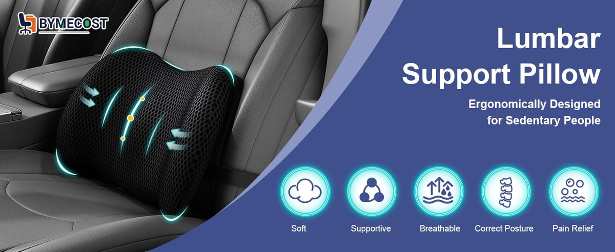 BYMECOST Lumbar Support Pillow for Car, Memory Foam Car Back Cushion