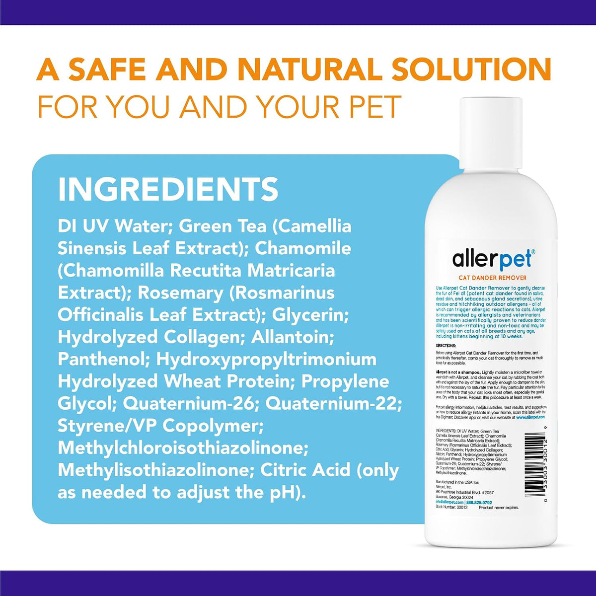 Allerpet Cat Dander Remover, Aloe-Free Pet Allergy Relief Made in USA 12 oz