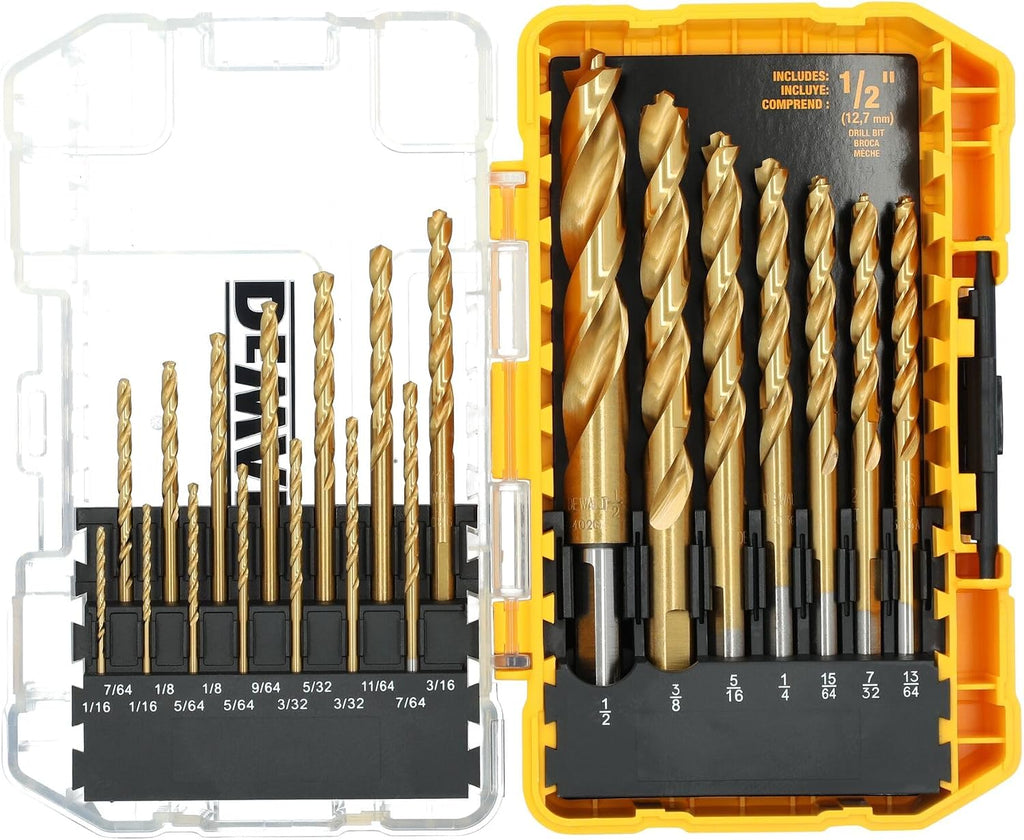 DEWALT Drill Bit Set, 21 Pc. Titanium Nitride Coated Pilot Point DEWALT Bit Set with Case for Wood, Metal and Plastic (DW1361)