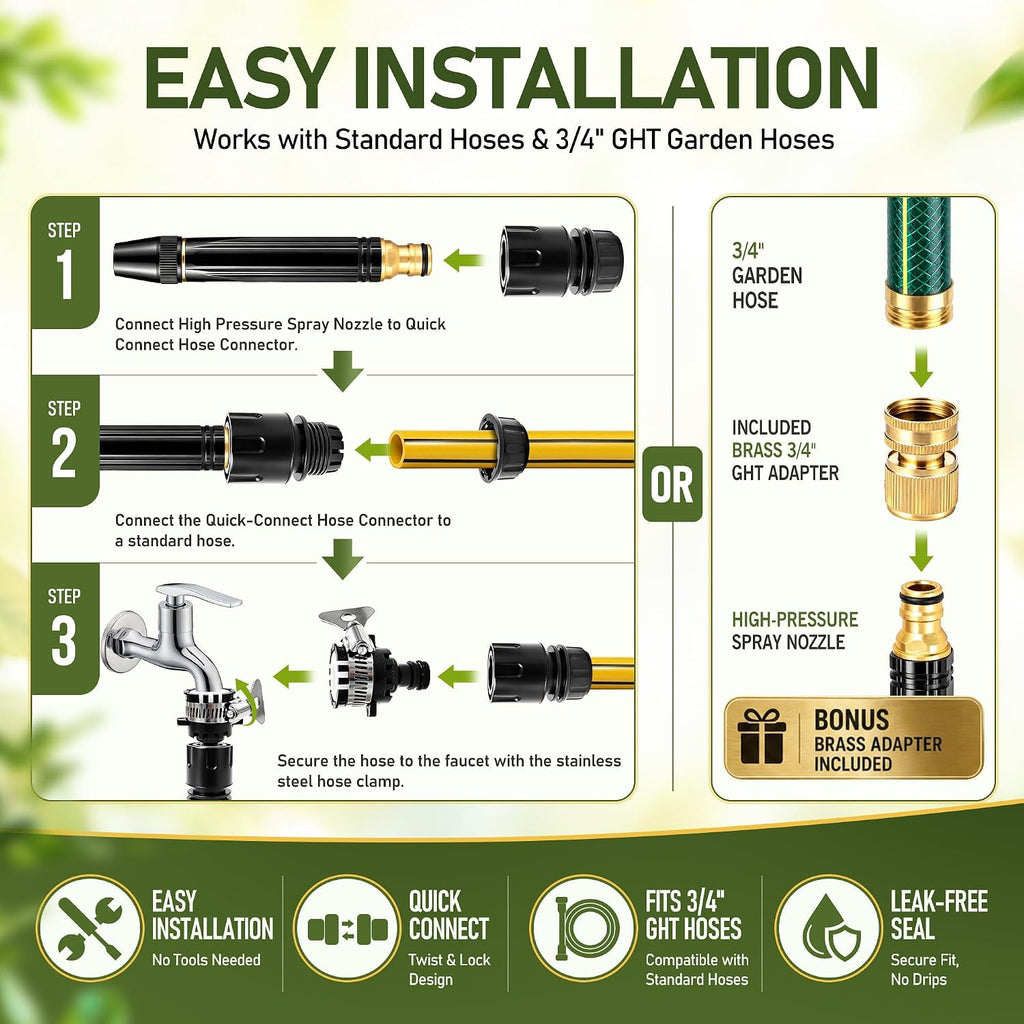 High Pressure Hose Nozzle Metal Fits US Garden Hoses with 3 Spray Modes