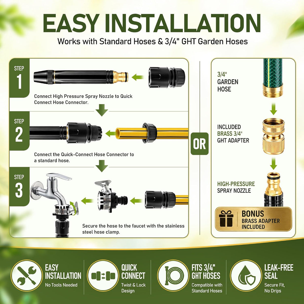 High Pressure Hose Nozzle Metal Fits US Garden Hoses with 3 Spray Modes