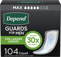 Depend Guards Incontinence Pads for Men, Maximum Absorbency, 104 Count (2 Packs of 52), Packaging May Vary