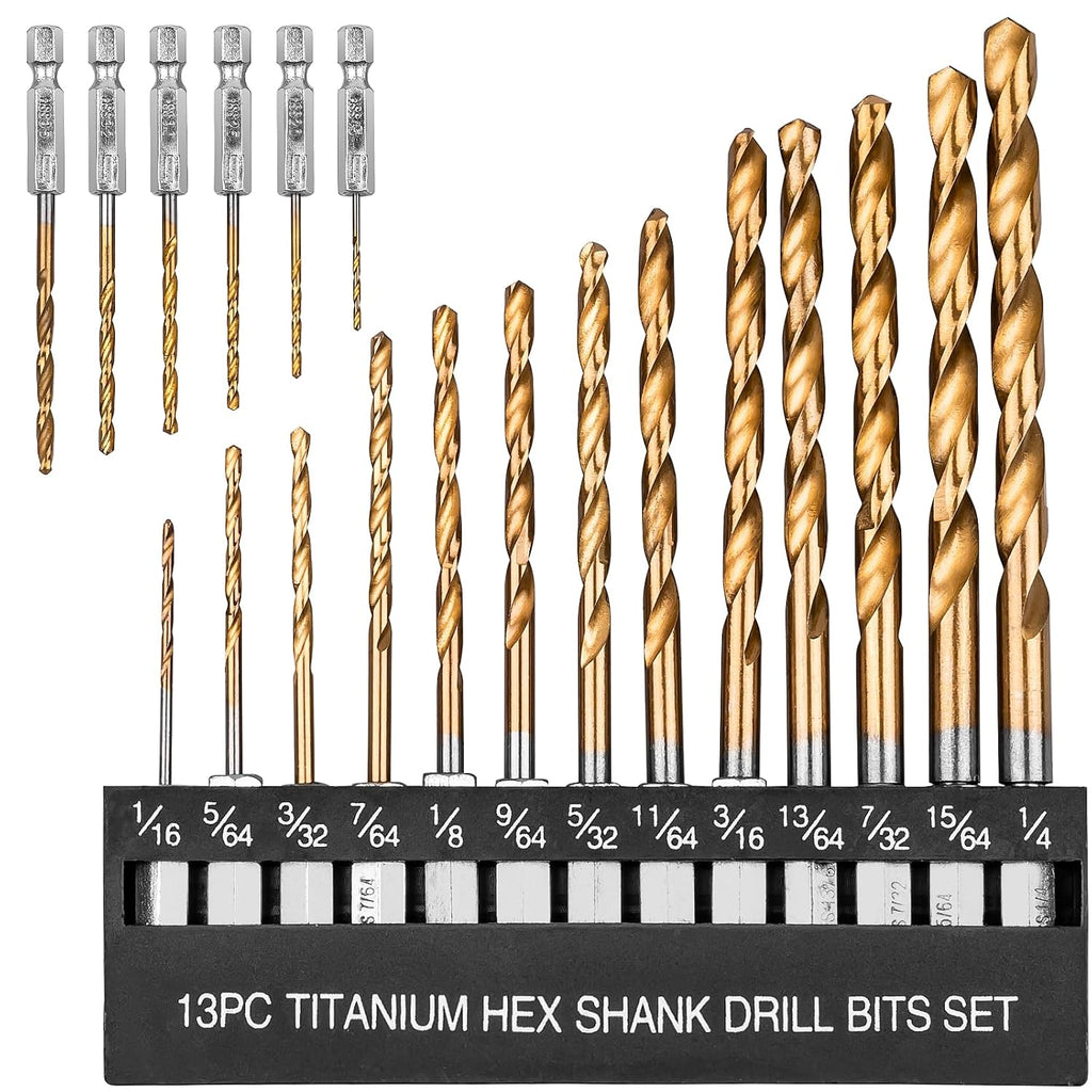 19 Pcs Hex Shank Drill Bit Set, 1/16"-1/4", HSS Titanium Twist, Metal, Wood