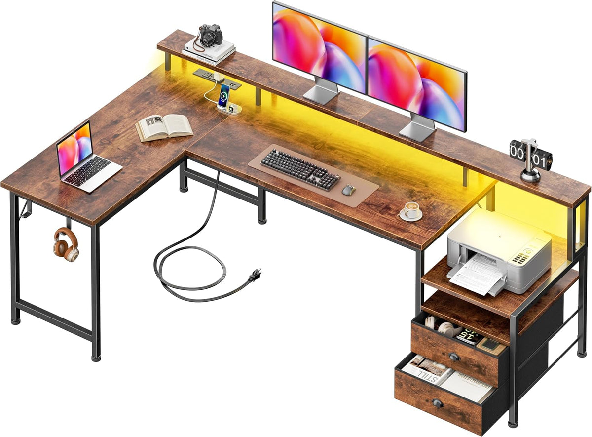 Korfile 66'' L Shaped Gaming Desk with Storage Drawers, Power Outlets, LED