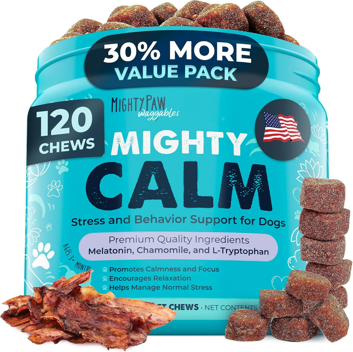 Mighty Paw Calming Chews for Dogs with Melatonin, Waggables, 120 Count
