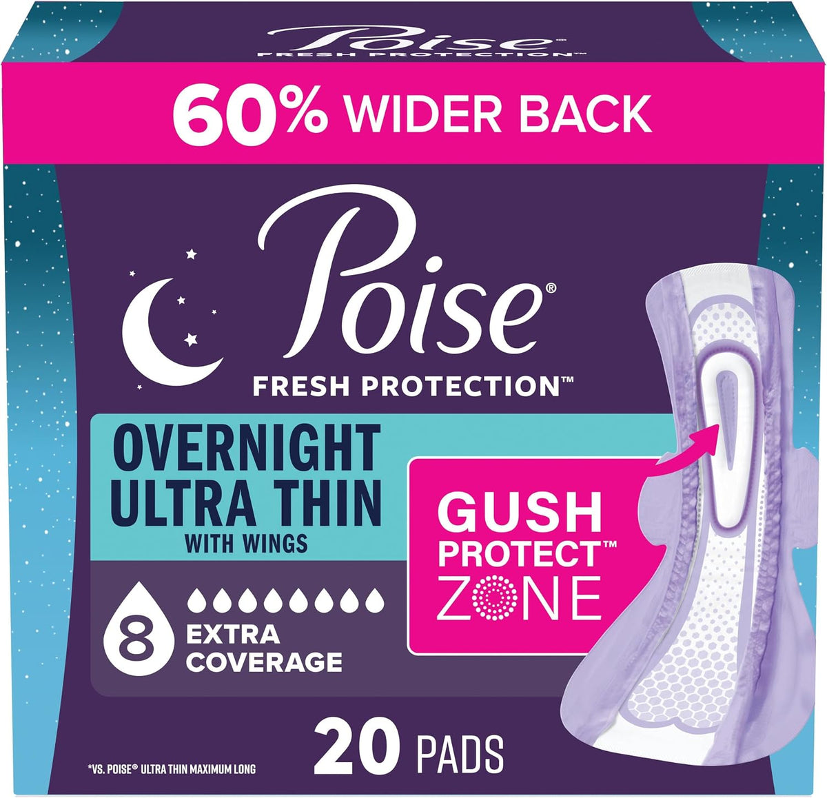 Poise Ultra Thin Incontinence Pads for Women, 8 Drop, Wings, Long, 60 ct