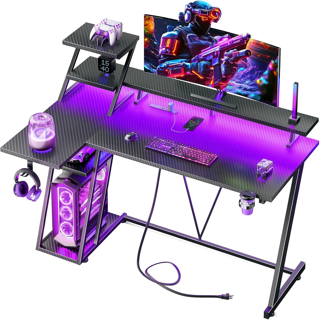 Korfile 40 Inch Gaming Desk with LED & Power Outlet, Carbon Fiber Black