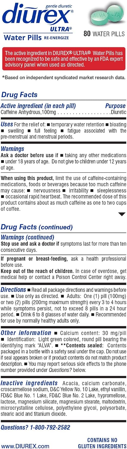 Diurex Ultra Re-Energizing Water Pills - Relieve Water Bloat - Feel Better & Less Heavy - 80 Count