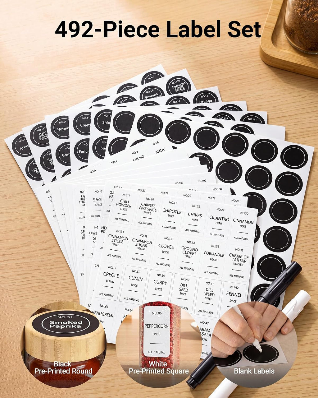 24 Pack Glass Spice Jars: 492 Lables & Pepper Grinder