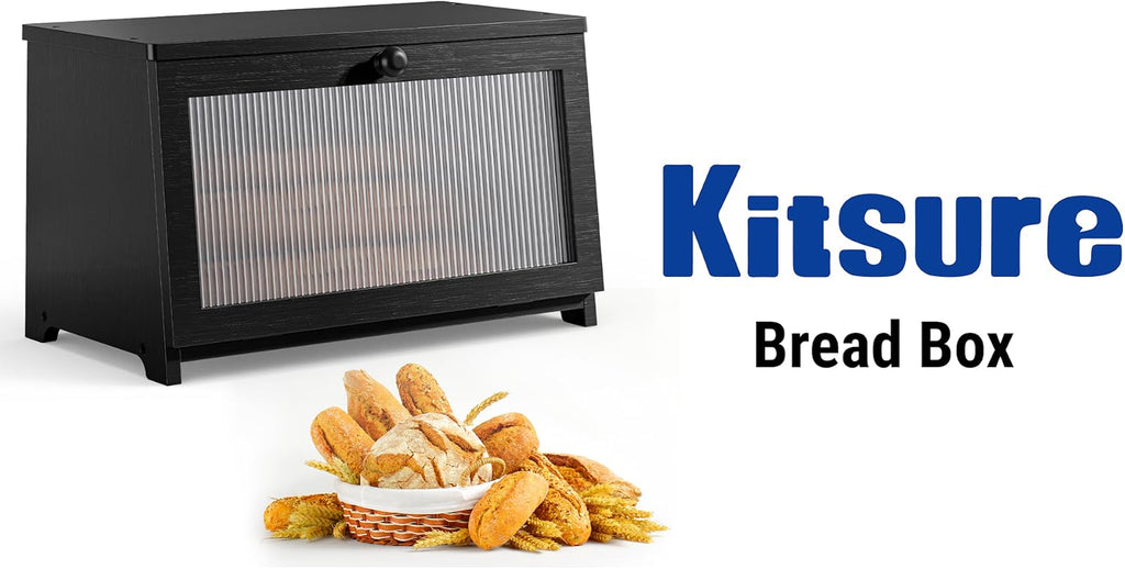 Kitsure Wooden Bread Box for Kitchen Countertop, 1-Tier, Black