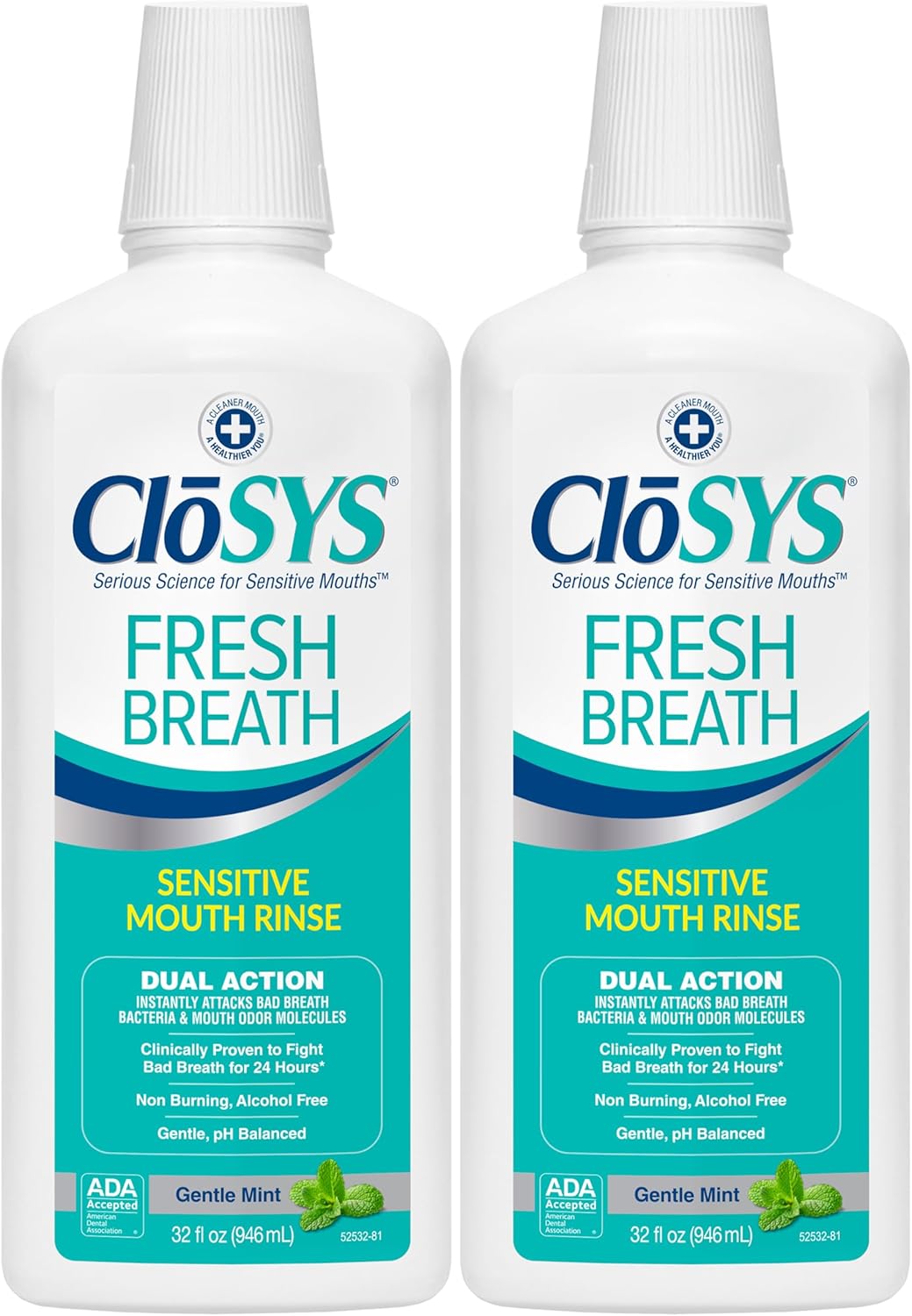 CloSYS Mouthwash, 32 Ounce, Fresh Breath Mouthwash, 2 Pack, Gentle Mint