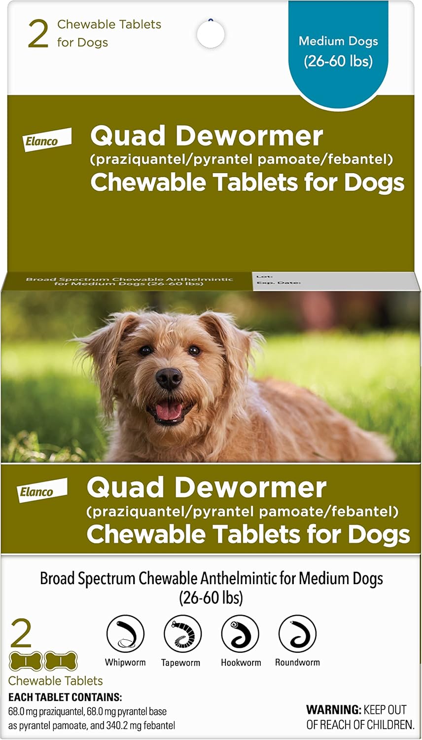 Elanco Chewable Quad Dewormer for Small Dogs, 2-25 lbs, 4 Chewable Tablets, White