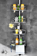 HAMITOR Corner Shower Caddy Tension Pole: Rustproof Stable 4-Tier Bathroom Organizer Shelves for Bathtub Shampoo Storage - 47-121 Inch Quick Install Adjustable Shelf with Soap Rack - Silver Gray