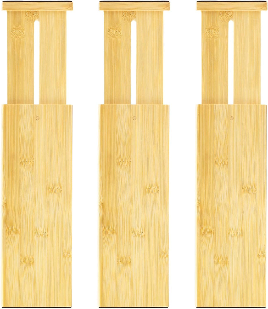 VaeFae 6-Pack Adjustable Bamboo Drawer Dividers, Expandable Drawer Organizer for Kitchen Utensils, Clothes, Bathroom, Office – Fits Drawer Interiors 16.6" to 21.8"