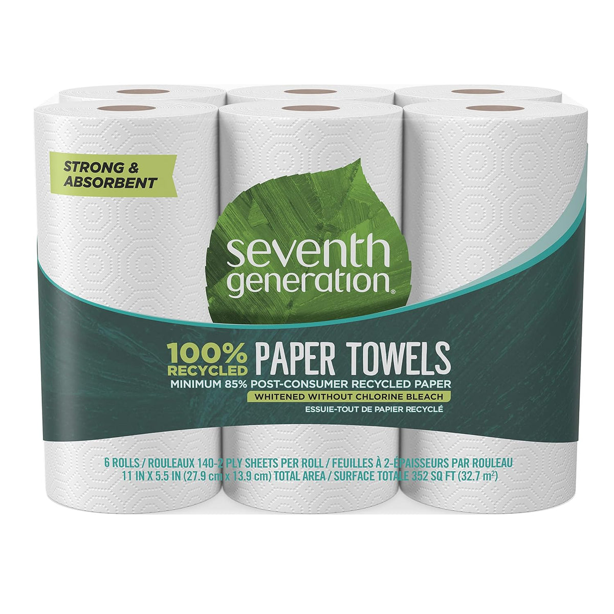 Seventh Generation 100% Recycled Paper Towels, 2 Ply, 140 Sheets, 6 Rolls
