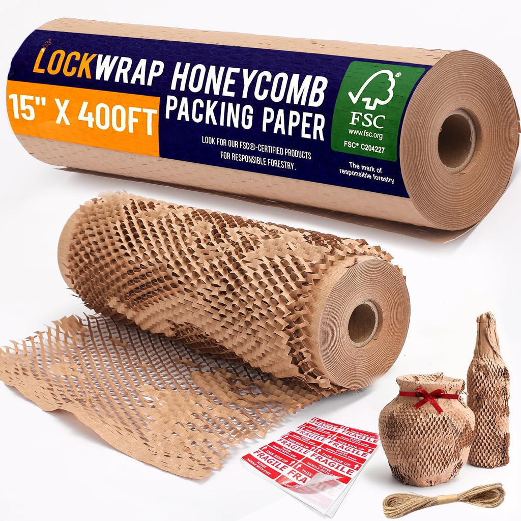 Honeycomb Packing Paper For Moving 12" x 150ft With Rope & Fragile Stickers