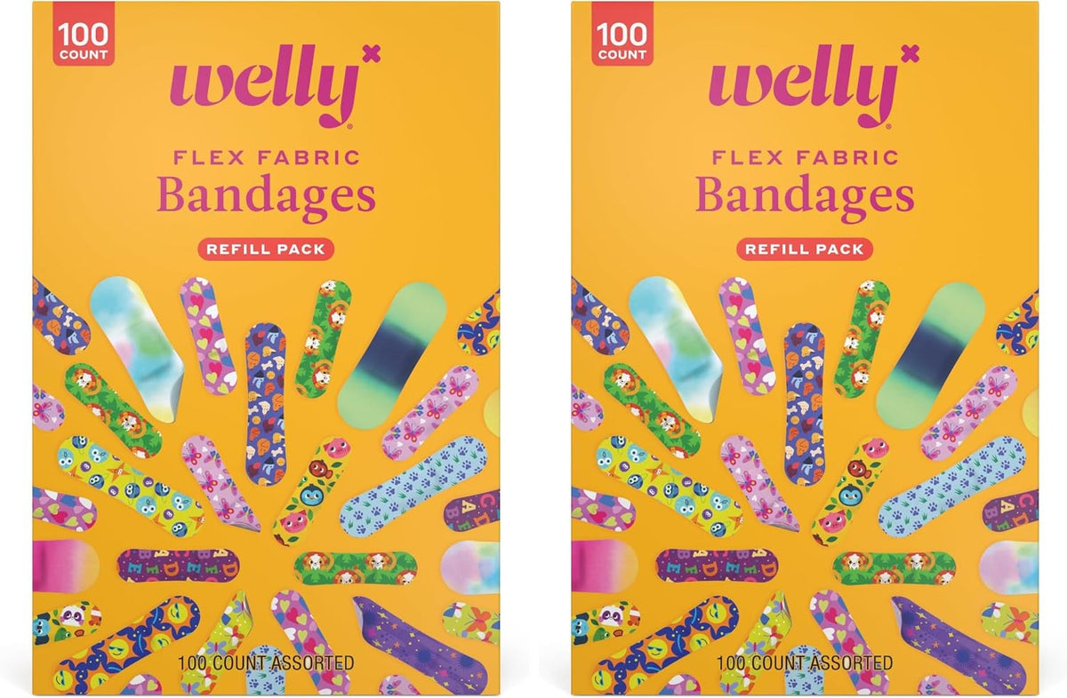 Welly Bravery Badge Value Pack | Adhesive Flexible Fabric Bandages | Assorted Shapes and Patterns for Minor Cuts, Scrapes, and Wounds - 100 Count