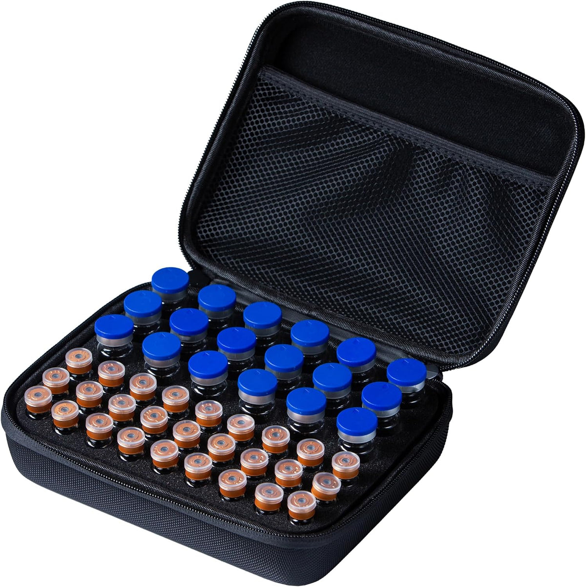 Peptide Case for Fridge, 20 Vials Holder, Fits 1ml 3ml 5ml 10ml Vials Storage, Not Fit Tall 10ml Vial,Diabetes Medication Organizer with Strap, Case Only, Black