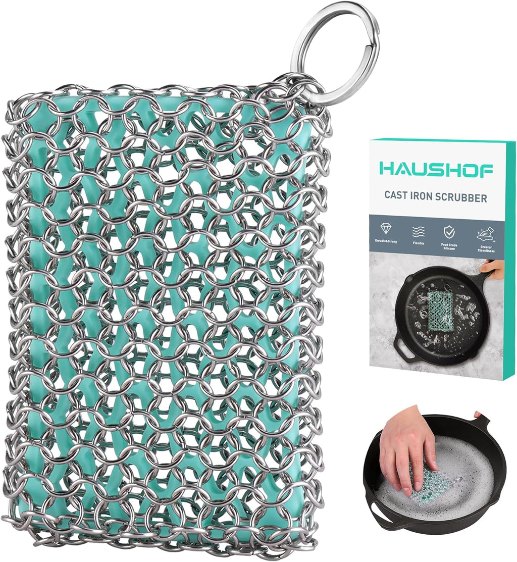 HAUSHOF Cast Iron Scrubber, Chainmail Scrubber Cast Iron Cleaner