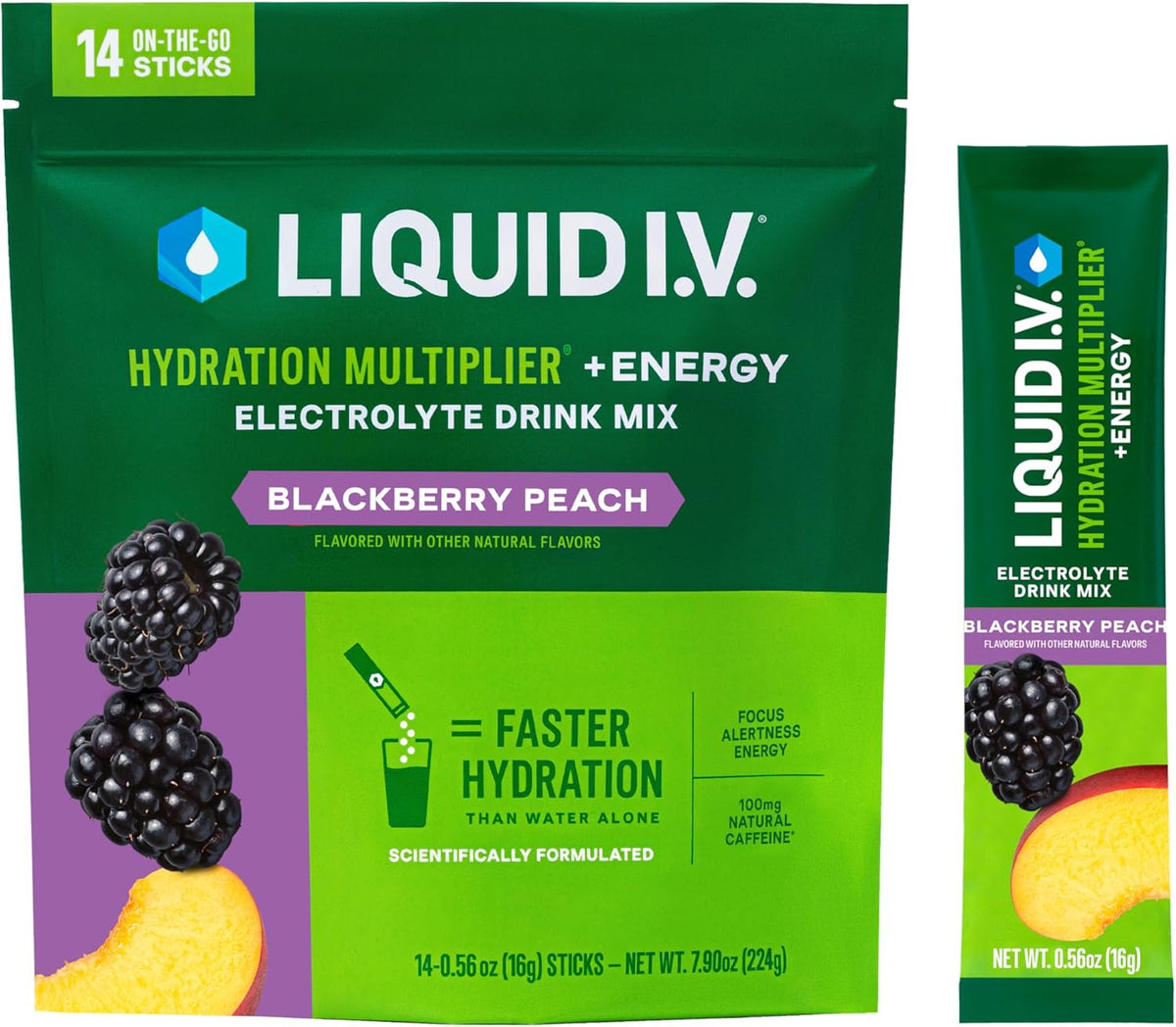 Liquid I.V. Hydration + Energy Electrolytes, BlackBerry Peach, 14 Count