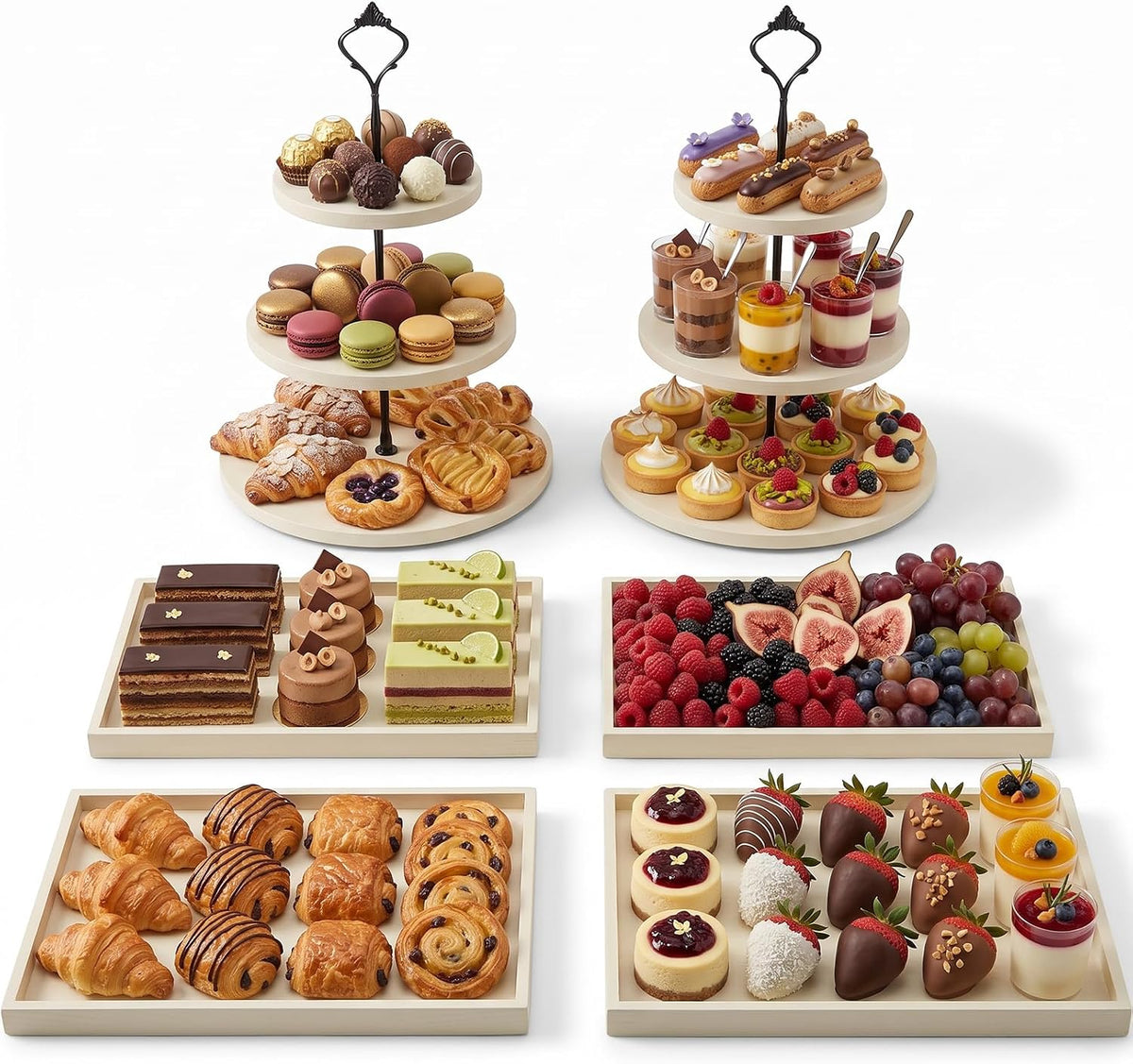 6pcs Wooden Dessert Table Display Set, 3 Tier Cupcake Stand Set with Serving Trays, Rustic Dessert Display Stand, Cake Stand Set for Wedding Dessert Table, Birthday, Baby Shower, Party Food Display, Home Decor