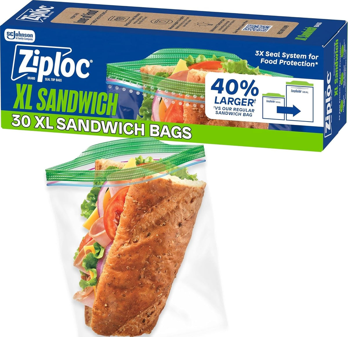 Ziploc XL Sandwich Bags, Food Storage, 90 Count (30 Count, 3-Pack)
