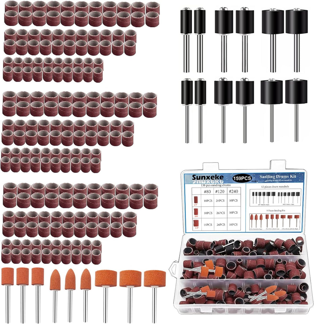 Sanding Drum Set for Most Rotary Tools-Includes 138 Aluminum Oxide Sanding Sleeves for Drum Sanders (80,120,240 Grit) and 12 Drum Mandrels-Sanding Bits Tool Accessories with Box