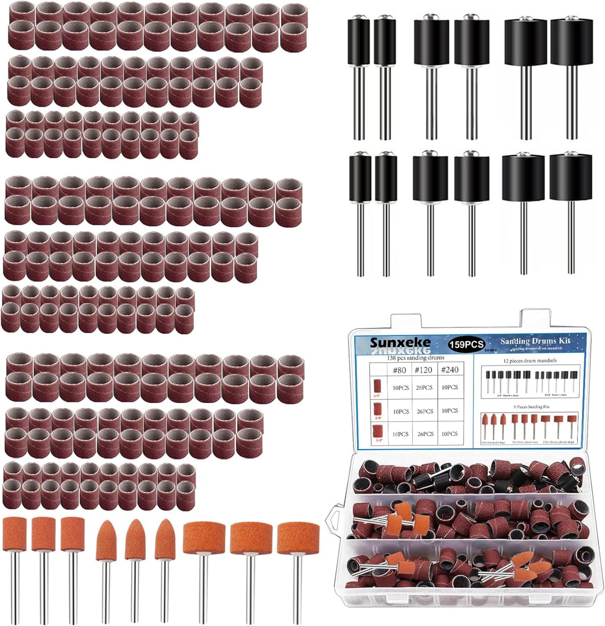 Sanding Drum Set for Most Rotary Tools-Includes 138 Aluminum Oxide Sanding Sleeves for Drum Sanders (80,120,240 Grit) and 12 Drum Mandrels-Sanding Bits Tool Accessories with Box
