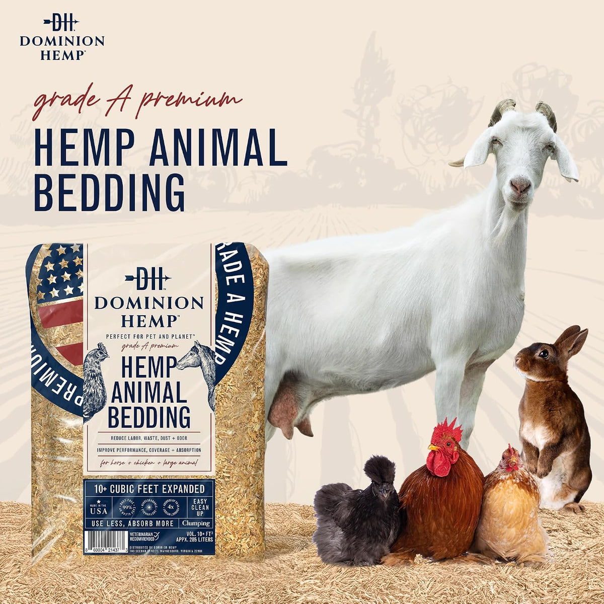 Premium Hemp Bedding for Chicken Coops 285L - 30lbs, 1-Pack