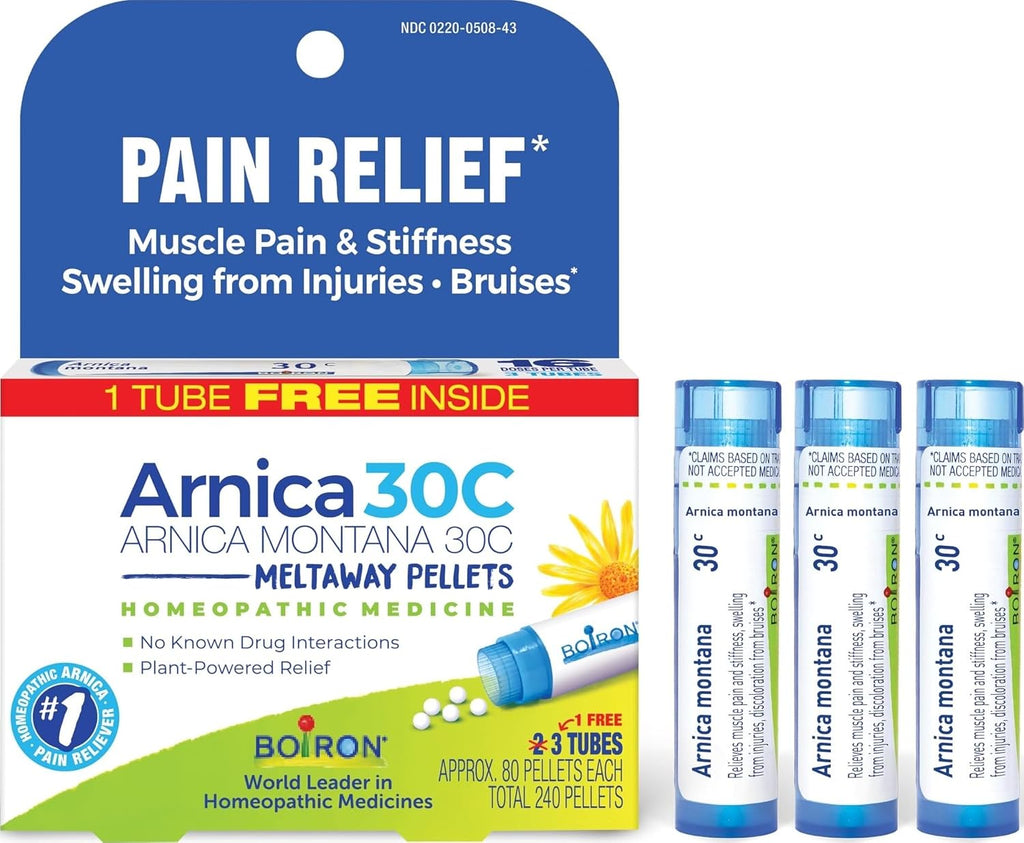 Boiron Arnica Montana 30C Homeopathic Medicine for Relief from Muscle Pain, Muscle Stiffness, Swelling from Injury, and Discoloration from Bruises - 3 Count (240 Pellets)