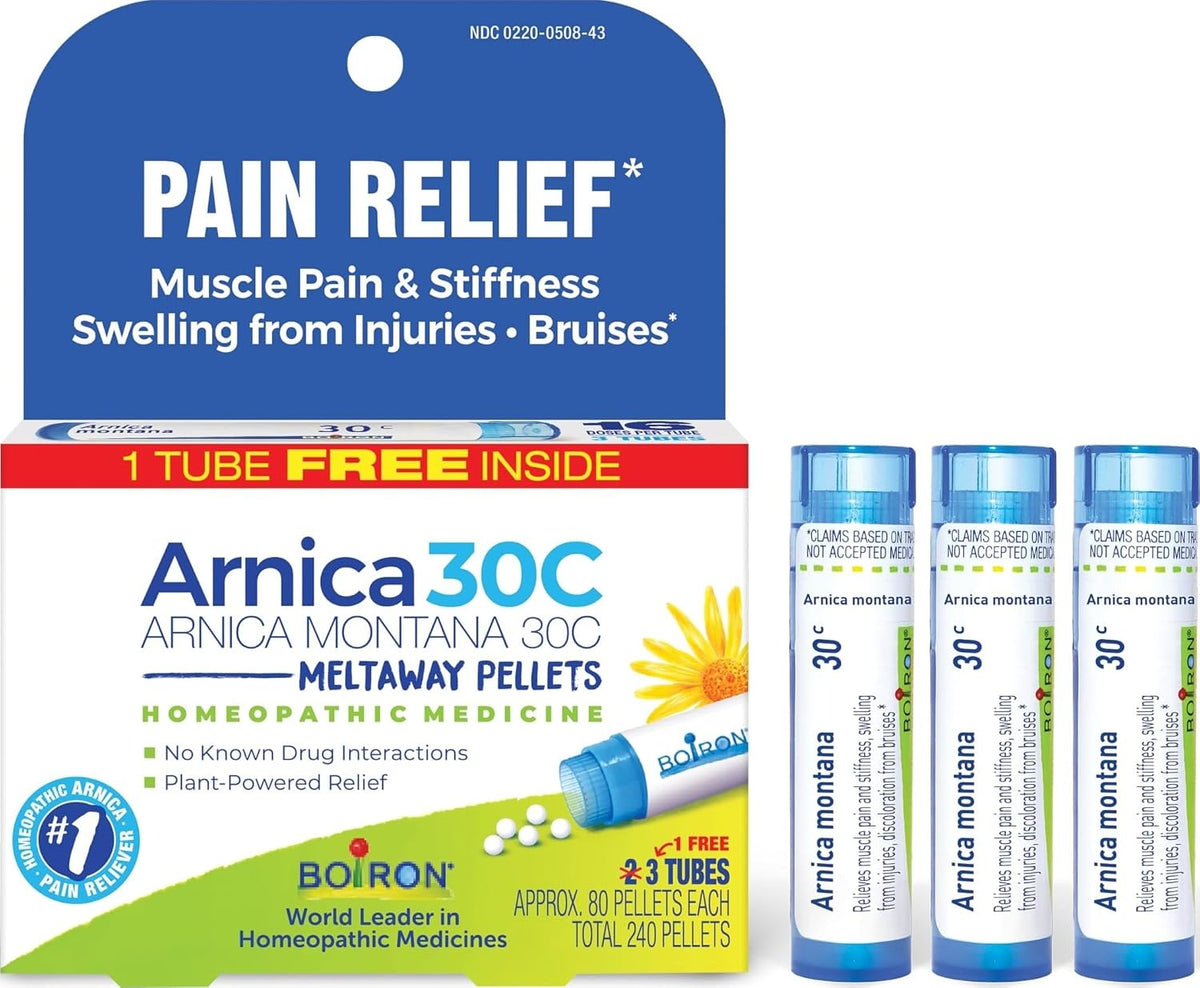Boiron Arnica Montana 30C Homeopathic Medicine for Relief from Muscle Pain, Muscle Stiffness, Swelling from Injury, and Discoloration from Bruises - 3 Count (240 Pellets)