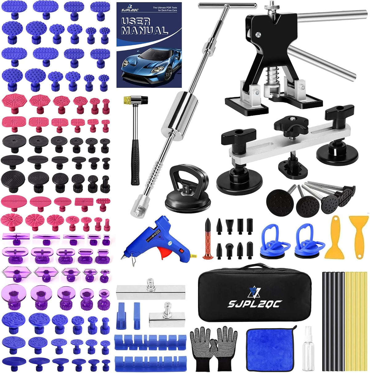 Car Dent Puller Kit, 140 PCS Paintless Dent Removal Kit with T-bar Dent Puller, Bridge Puller, Dent Lifter, Suction Cup Puller. Dent Remover Tool for Car Dents, Hail Damage, Door Ding Repair