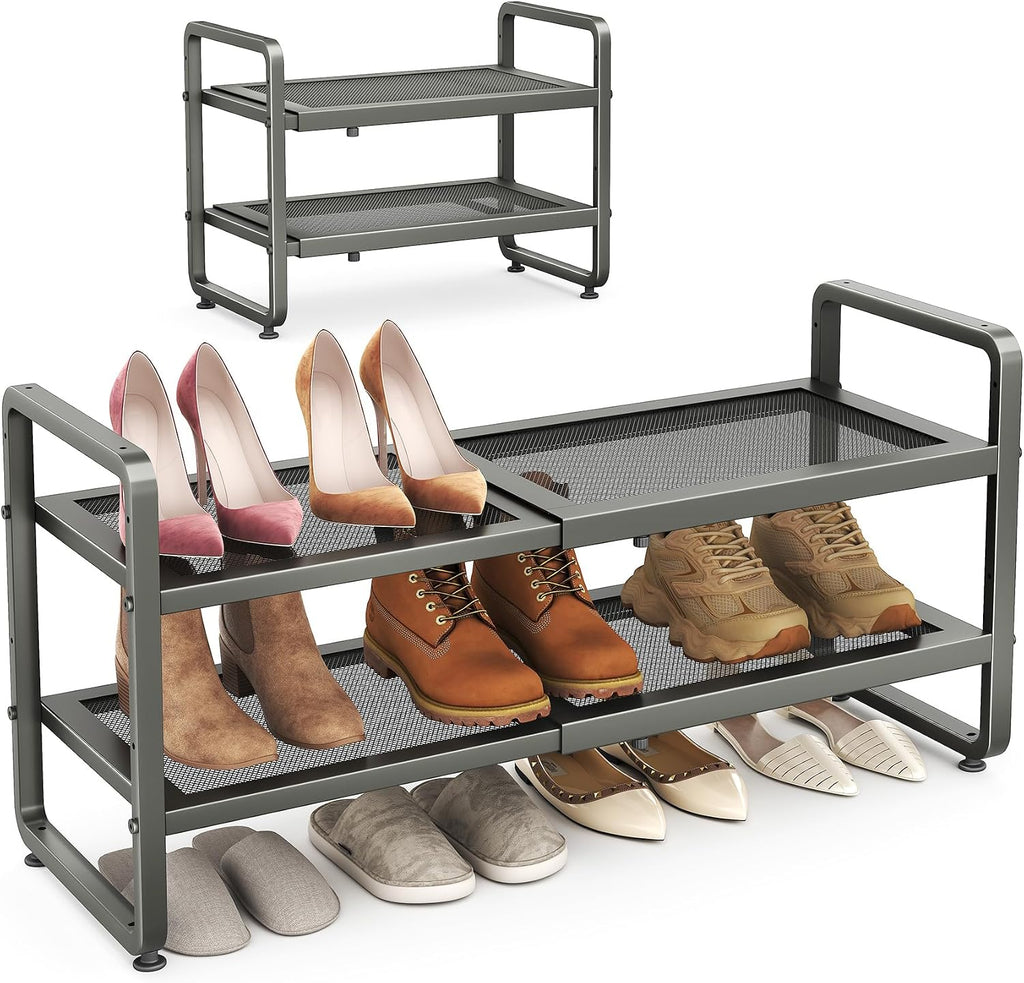 SAYZH Expandable Shoe Rack for Closet, Adjustable Metal Shoe Organizer with Sturdy Mesh Shelves for Boots & Heels, Stackable Shoe Storage for Entryway, Garage, Small Spaces (Black, 2-Tier)